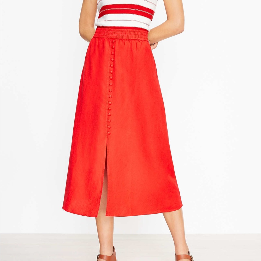 Loft Red Button Linen Blend Trim Midi Skirt, size Small NWT